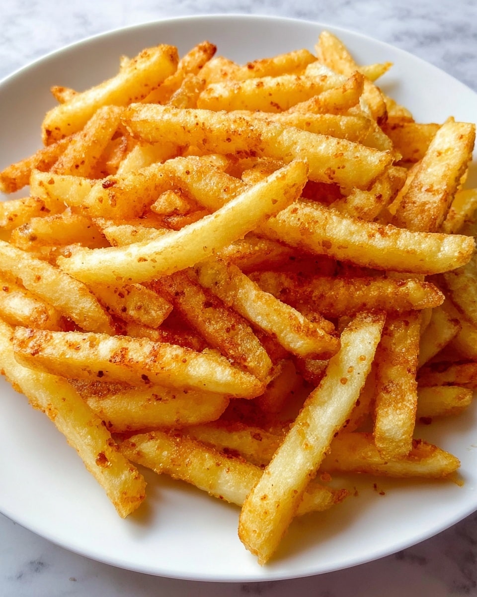 A white plate filled with a large pile of golden-brown French fries. The fries are thick and crispy with varying shades of yellow and light brown, showing a crunchy texture with small bits of seasoning on the surface. The fries overlap each other, creating a messy but inviting stack. The plate sits on a white marbled surface that adds contrast to the warm colors of the fries. photo taken with an iphone --ar 4:5 --v 7