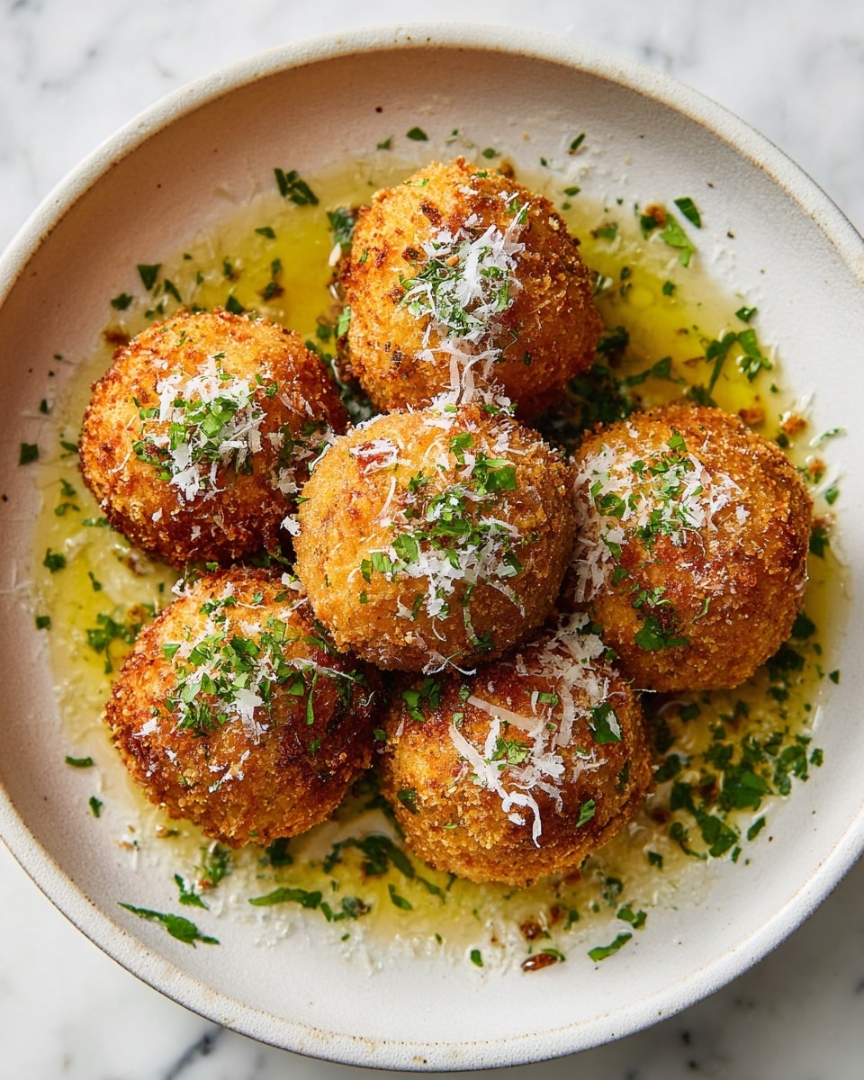 Six golden brown, crispy fried balls sit closely together in a round white plate on a white marbled surface. Each ball has a textured, crunchy outer layer with small bits of browned breading. On top of each ball, there is a light sprinkling of grated white cheese and finely chopped fresh green herbs. A small pool of herb-infused oil surrounds the balls on the plate, adding a slight shine and extra color contrast to the dish. photo taken with an iphone --ar 4:5 --v 7