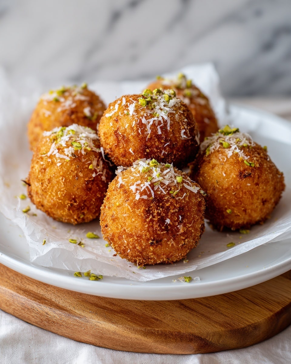 The image shows five golden-brown fried balls with a crispy texture, arranged closely on white parchment paper over a white plate. Each ball is sprinkled with small green herb pieces and a light dusting of white grated cheese. The balls have a rough, crunchy surface with some darker spots indicating deep frying. The plate sits on a wooden cutting board, and the background has a soft focus with a white marbled texture. photo taken with an iphone --ar 4:5 --v 7