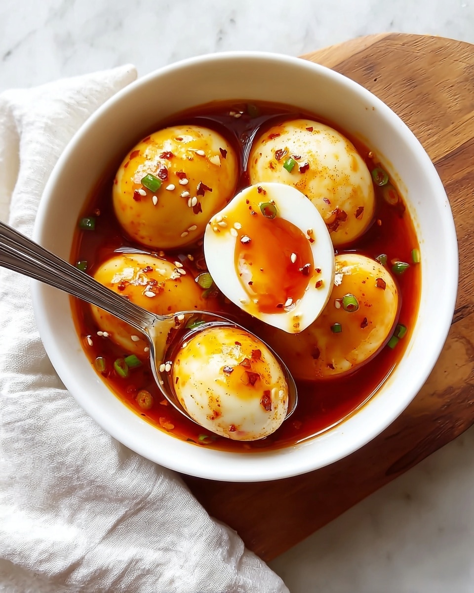 A white bowl filled with six soft-boiled eggs covered in a reddish-orange spicy oil sauce, garnished with small green onion pieces and white sesame seeds. One of the eggs is cut in half and held by two metal spoons, showing a shiny, slightly runny yolk with the same reddish oil sauce glistening on it. The eggs have a glossy texture with some chili flakes visible. The bowl is placed on a wooden board with a white cloth on the side, all set on a white marbled surface. photo taken with an iphone --ar 4:5 --v 7