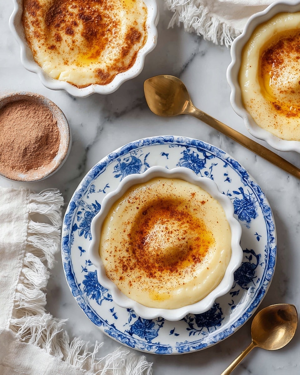 The image shows three white scalloped-edge bowls filled with a creamy, pale yellow pudding. Each pudding has a smooth top layer swirled with a drizzle of golden melted butter and sprinkled with a fine dusting of cinnamon powder that adds warm brown speckles. The main bowl in the center sits on a white plate decorated with blue floral patterns, creating a contrast with the white marbled surface beneath. Two small golden spoons rest nearby, one on the marble surface and one partially obscured beside a small round bowl filled with more cinnamon powder. A white cloth with fringed edges is gently draped nearby, adding a soft texture to the scene. photo taken with an iphone --ar 4:5 --v 7
