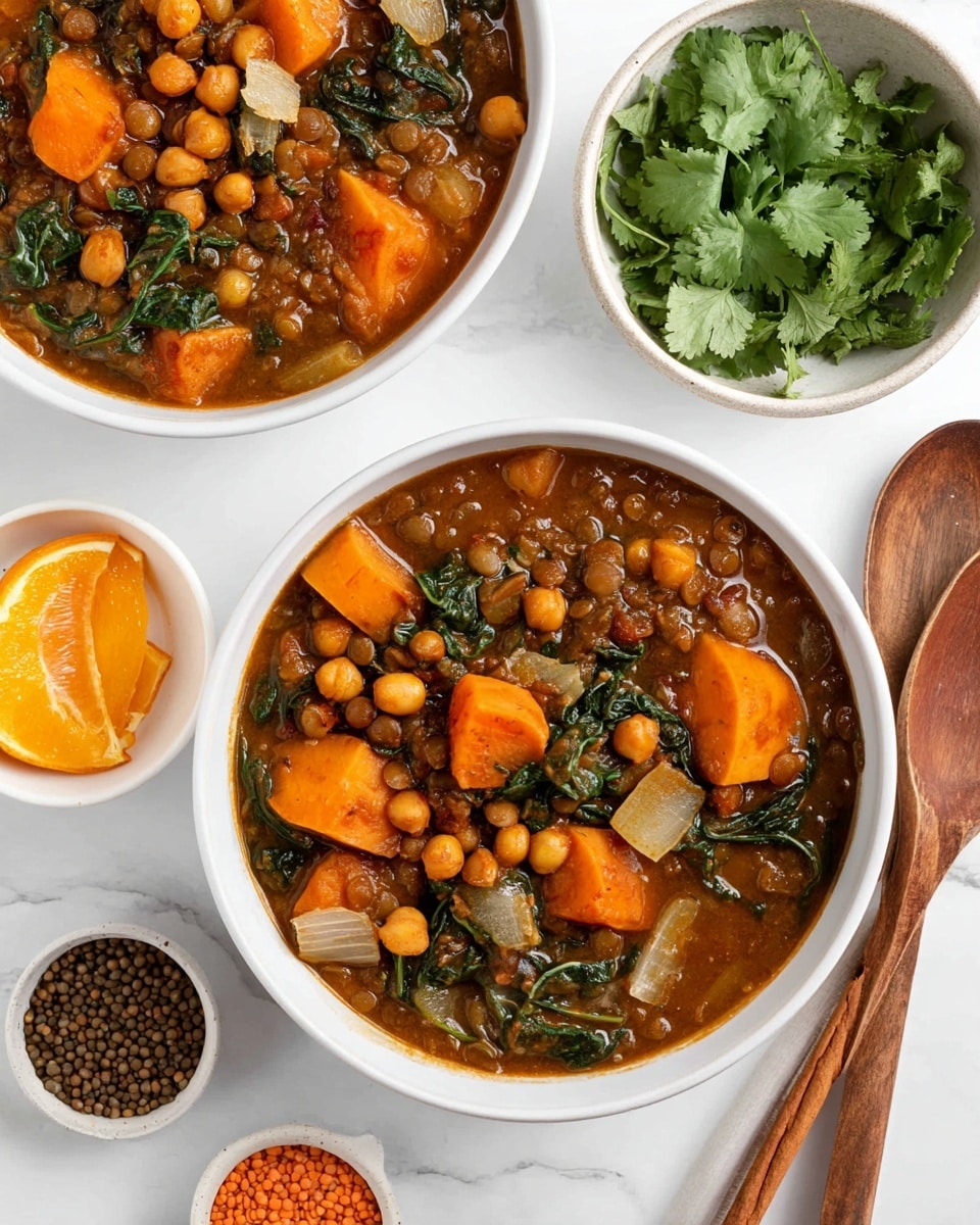 Two white bowls filled with thick stew, showing layers of chunky orange sweet potatoes, light brown chickpeas, small lentils, dark green leafy pieces, and diced translucent onions soaked in rich brown broth. Nearby, a white bowl contains bright green cilantro leaves. Cinnamon sticks lay next to the bowls on a white marbled surface, along with a wooden spoon and small white dishes holding round orange slices and dry lentils. Photo taken with an iphone --ar 4:5 --v 7