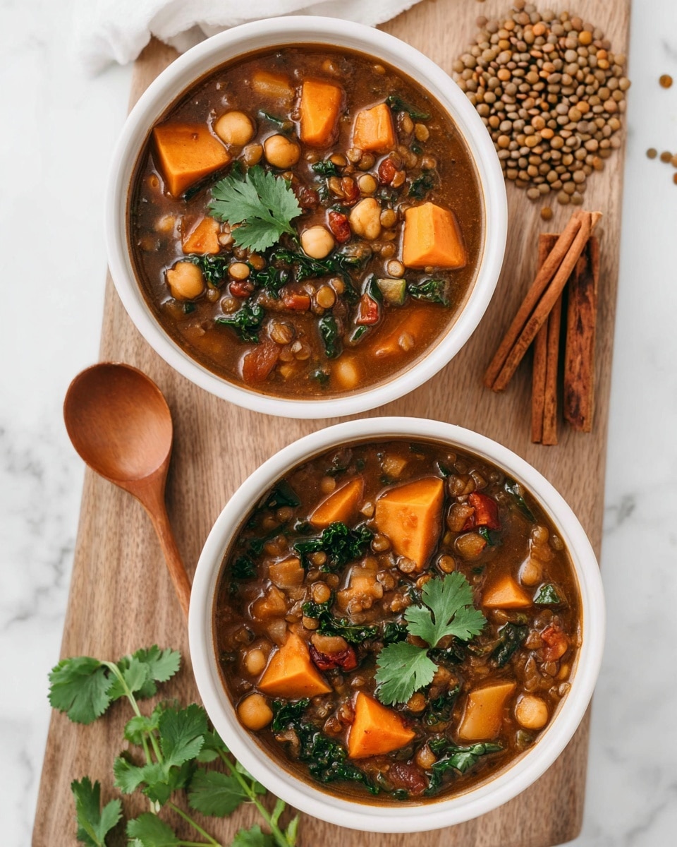 Two white bowls filled with thick stew placed side by side on a wooden board over a white marbled texture. The stew has visible layers of orange sweet potato chunks, light beige chickpeas, dark green kale pieces, red lentils, and small carrot cubes mixed in a rich brown broth. Next to the bowls, there are cinnamon sticks, scattered lentils, and fresh green cilantro leaves. A wooden spoon lies beside the lower bowl, adding a natural element to the scene. The overall look is hearty and colorful, with a cozy, homemade feel. photo taken with an iphone --ar 4:5 --v 7