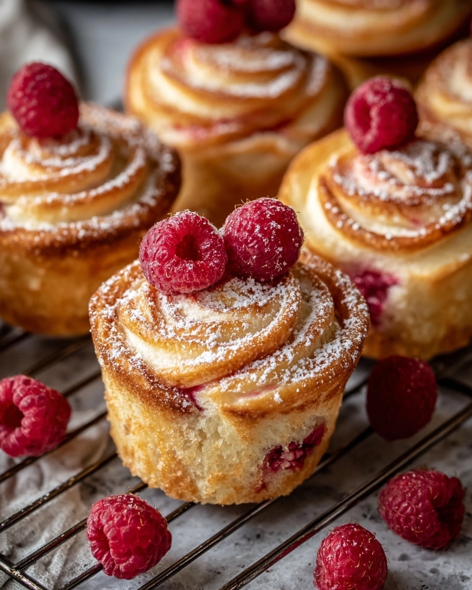 The image shows several golden-brown cupcakes arranged closely, each topped with thin, rose-shaped swirls of light pink and beige dough with hints of red raspberry jam inside the layers. The cupcakes have a soft, slightly textured base, and the top layers look crisp and delicate, dusted with a light sprinkle of powdered sugar. Each cupcake has two fresh red raspberries placed on top, adding vibrant contrast to the warm tones. Additional raspberries are scattered around the cooling rack, which sits on a white marbled surface. The photo captures the cupcakes with natural lighting and a cozy feel. photo taken with an iphone --ar 4:5 --v 7