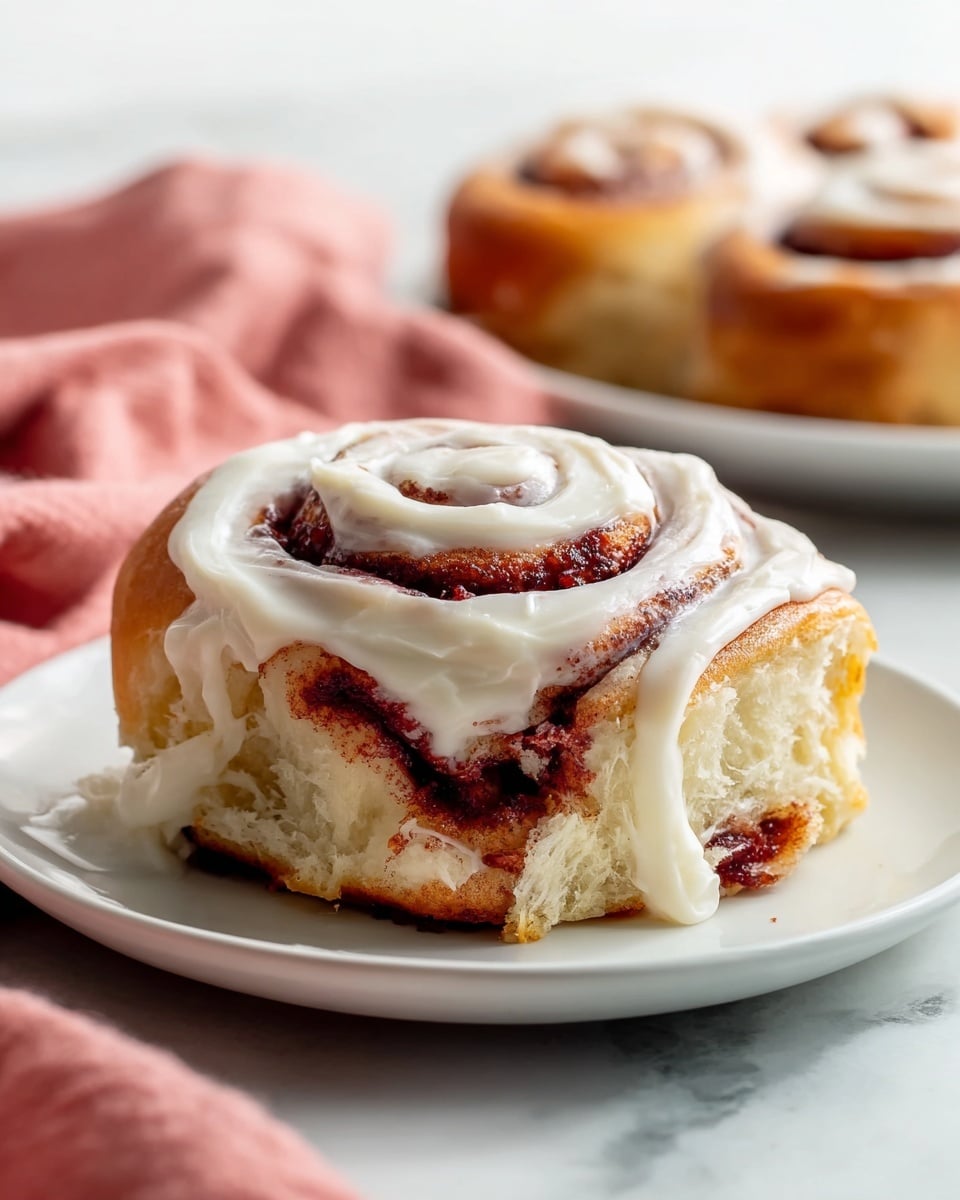 A close-up of a cinnamon roll with thick white cream cheese icing swirled on the top and edges, showing three visible layers of soft, light golden-brown dough with a deep red cinnamon filling spread in between. The roll sits on a clean white plate against a white marbled surface, with more cinnamon rolls blurred in the background on another white plate. A soft pink cloth is partially visible beside the plate. photo taken with an iphone --ar 4:5 --v 7