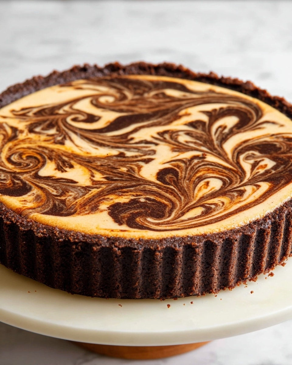 The image shows a round tart with two main layers: a dark brown crust and a marbled filling on top. The crust is thick and crumbly with ridged edges, evenly covering the base and sides of the tart. The filling is smooth and creamy, featuring a mix of light tan and rich dark brown swirled together in a flowing, artistic pattern that covers the entire surface. The tart is placed on a white plate with the background replaced by white marbled texture, highlighting the tart's colors and textures. photo taken with an iphone --ar 4:5 --v 7