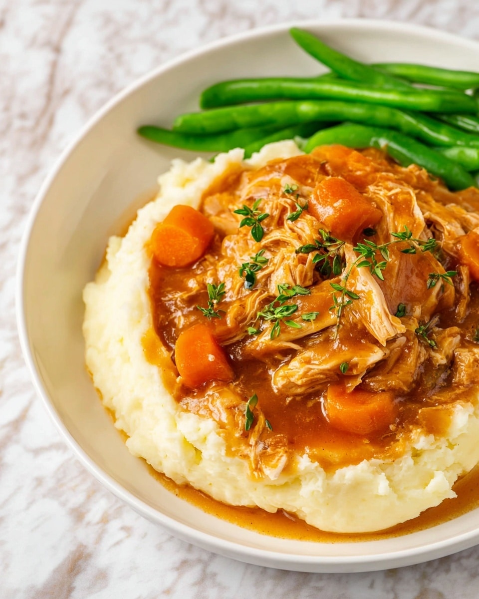 A white plate holds three layers of food on a white marbled surface: the bottom layer is smooth, creamy mashed potatoes in a clean circular shape; the middle layer is a mix of shredded chicken and chunky carrot slices coated in a glossy, orange-brown gravy with small green herbs sprinkled on top; the top layer, positioned slightly behind the chicken and potatoes, features a small pile of bright green cooked green beans, adding a fresh pop of color. Photo taken with an iphone --ar 4:5 --v 7