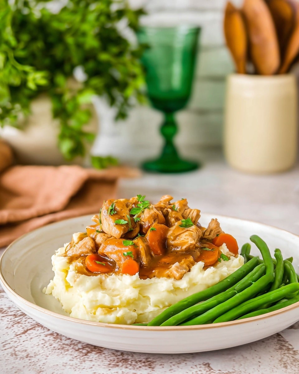 A white plate holds a thick base layer of creamy mashed potatoes with a smooth and fluffy texture. On top of the mashed potatoes is a generous layer of chicken stew, featuring chunks of light brown chicken pieces mixed with orange carrot slices, all coated in a glossy, rich brown gravy. Small green parsley leaves are sprinkled over the stew, adding a fresh touch. To the side of the plate, there is a tidy pile of bright green cooked green beans. The plate sits on a white marbled textured surface, with a green glass goblet and stacked green glasses blurred in the background, and a cream-colored ceramic container holding kitchen utensils next to a small pale vase with green leaves. photo taken with an iphone --ar 4:5 --v 7