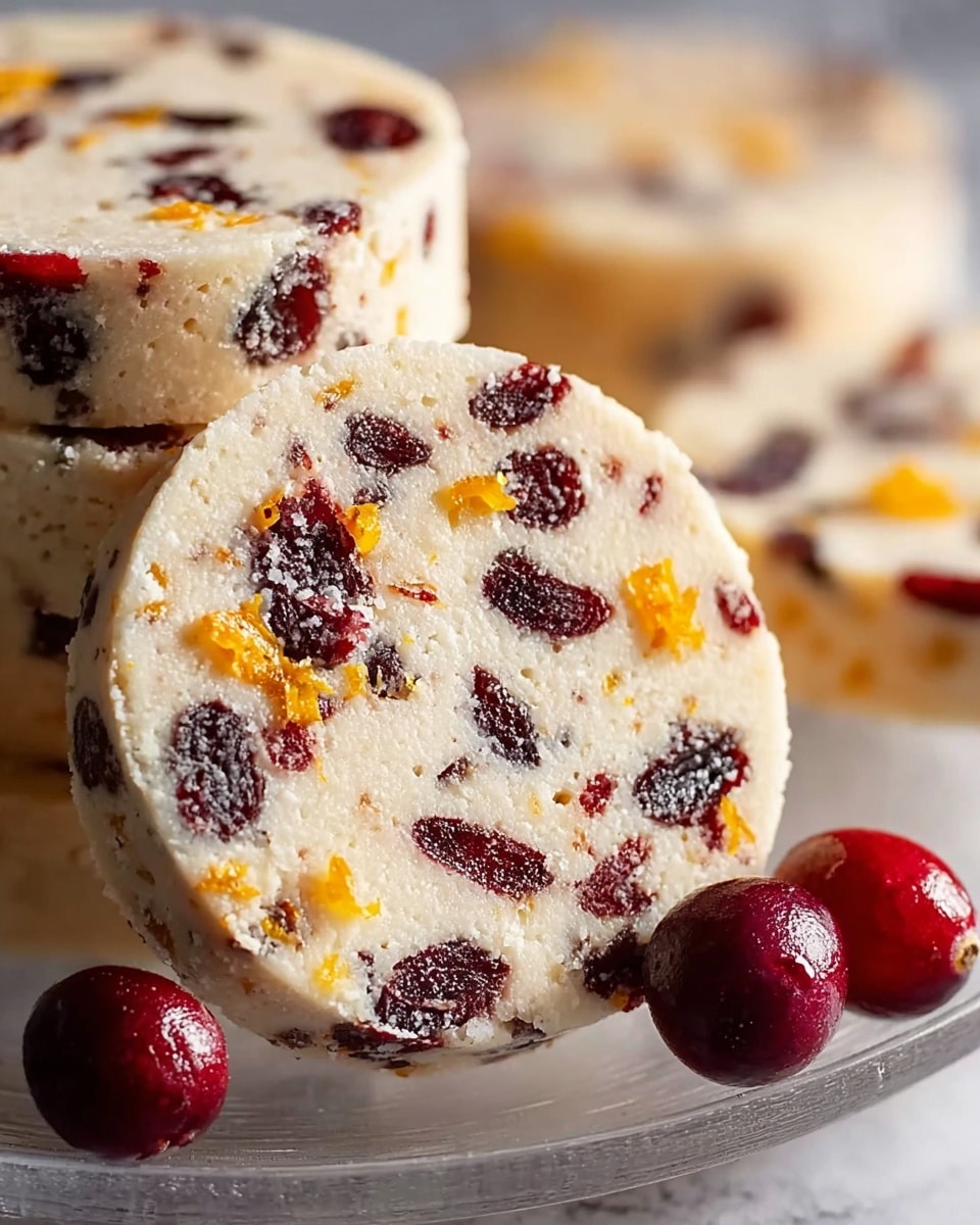 The image shows round slices of a creamy white textured dessert or cookie, studded with dark red dried cranberries and small bright orange pieces of zest scattered throughout each slice. The slices are stacked closely together on a transparent white plate that rests on a white marbled surface. Two whole fresh cranberries sit in front of the nearest slice, adding contrast with their shiny deep red color. The texture of the slices looks soft and crumbly with visible small bits inside. The focus is sharp on the front slice, while the background slices appear softly blurred. Photo taken with an iphone --ar 4:5 --v 7