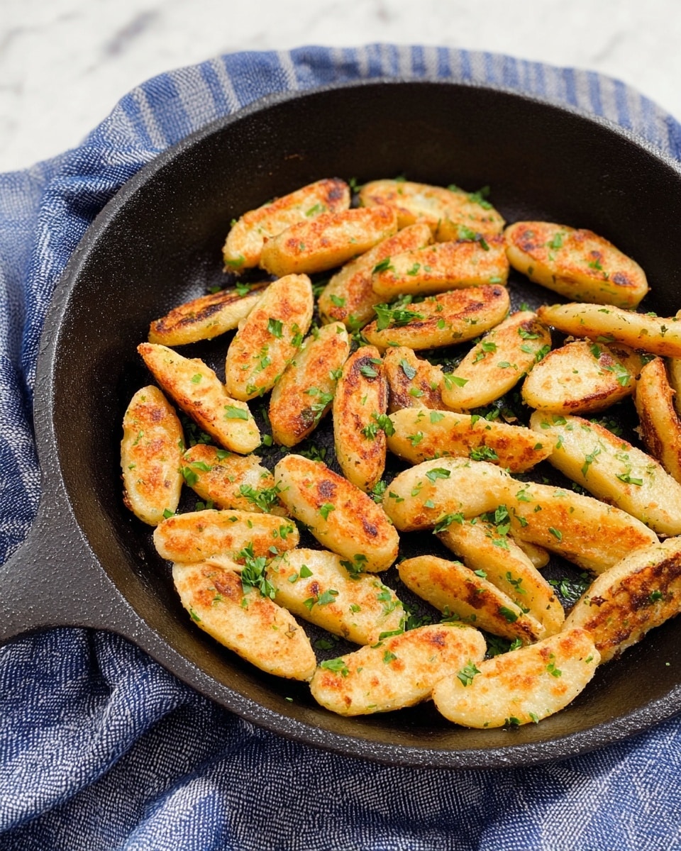 The image shows many small, oval-shaped pieces of food with golden brown and light beige colors on a black cast iron pan. Each piece has a light crispy texture with slight browning on one side, and they are scattered across the pan in overlapping layers. Finely chopped green herbs are sprinkled evenly on top, adding a fresh contrast to the warm colors of the food. The pan rests on a white marbled textured surface covered partially by a blue and white checkered cloth. photo taken with an iphone --ar 4:5 --v 7
