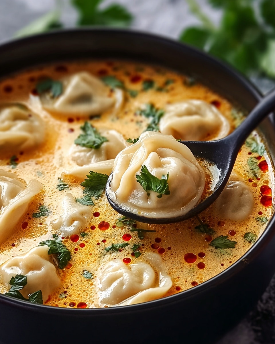 A close-up of a black bowl filled with creamy orange soup that has small dumplings floating in it, each dumpling is light beige with soft folds, some topped with bright green parsley leaves. The soup has small red oil droplets and bubbles on the surface, giving it a rich and textured look. A black spoon is scooping one dumpling, highlighting its glossy, soft texture with a parsley leaf on top. The background shows a white marbled texture with a few out-of-focus green leaves. photo taken with an iphone --ar 4:5 --v 7
