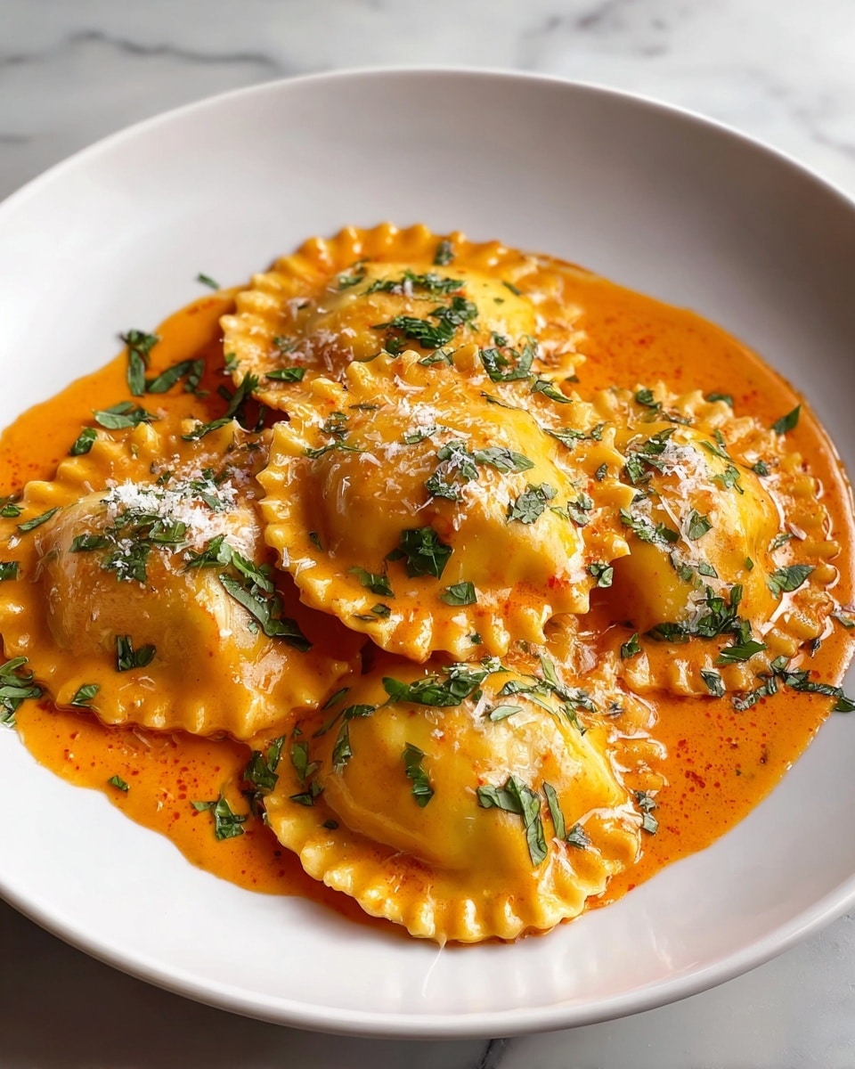 A white plate holds five large round ravioli pieces with ridged edges, sitting in a thick, creamy orange sauce that covers the base of the plate. The ravioli have a slight shine from the sauce and are topped with scattered small green parsley leaves and a light sprinkling of white grated cheese. The plate is set on a white marbled surface. photo taken with an iphone --ar 4:5 --v 7