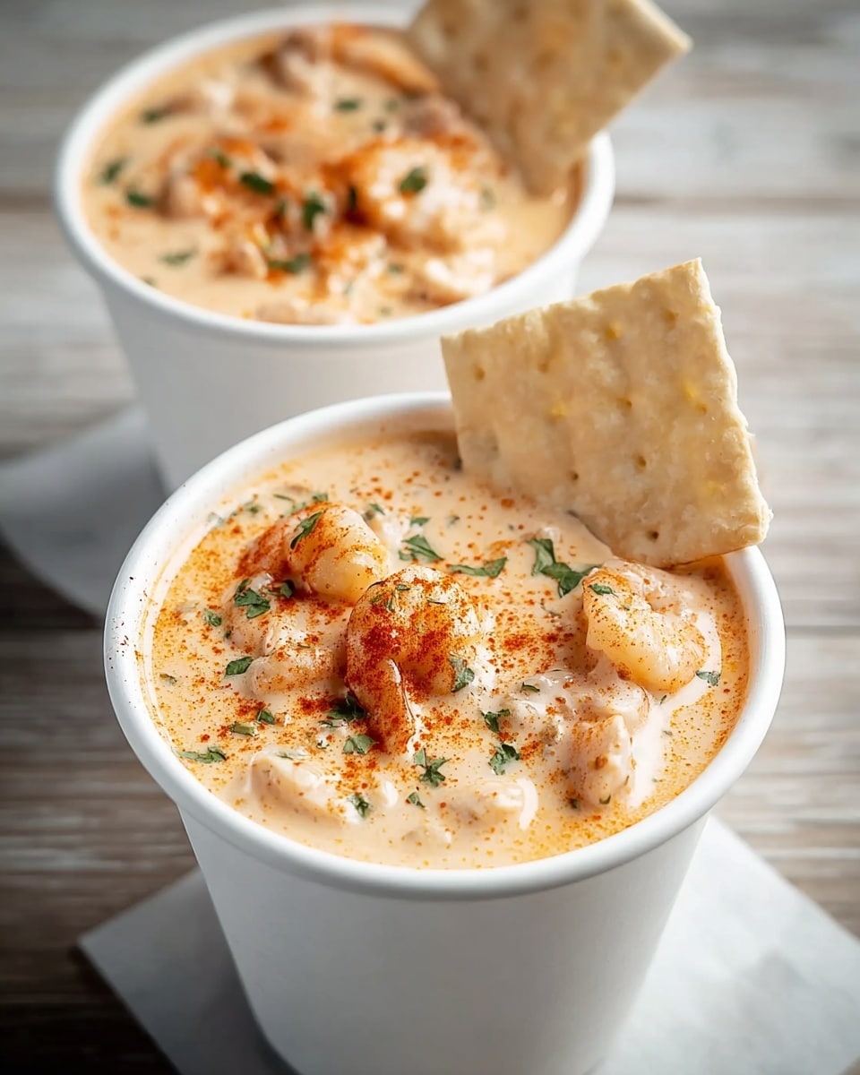 The image shows two white cups filled with creamy soup that has a light orange color with visible chunks of shrimp and herbs scattered inside. Each cup is topped with a dusting of orange spice and garnished with two pieces of flat, slightly browned crackers sticking out from the sides. The cups sit on a white marbled textured surface that adds a clean and soft background to the scene. Photo taken with an iphone --ar 4:5 --v 7