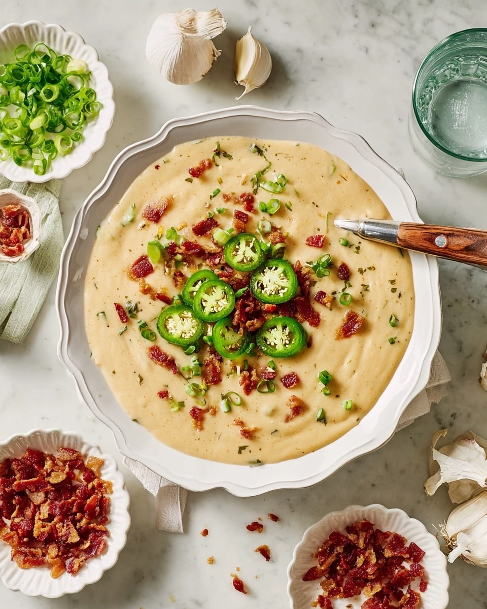 The image shows a creamy beige soup served in a white scalloped bowl with a wooden-handled spoon resting on the bowl’s edge. The soup is thick and swirled with visible small chunks inside. On top, there is a colorful garnish made of bright green sliced jalapeños, chopped green onions, and crispy bits of reddish-brown bacon, all placed in the center. Around the bowl are small white scalloped bowls that hold extra bacon bits and sliced jalapeños, along with whole garlic bulbs and a clear glass of water, all set on a white marbled surface. photo taken with an iphone --ar 4:5 --v 7