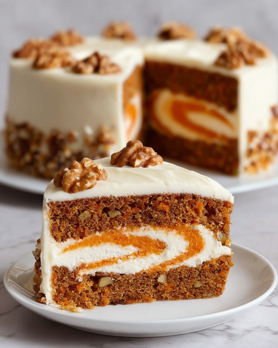 The image shows a slice of carrot cake on a white plate with a white marbled texture in the background. The cake has three visible layers: the bottom and middle layers are moist brown carrot cake with small bits of carrot and nuts, while the middle contains a thick swirl of white cream cheese filling with an orange carrot layer inside it. The top layer is a smooth, thick white cream cheese frosting, decorated with a walnut half placed on top of the slice. In the background, the rest of the whole cake is visible, also topped with the same white frosting and walnut halves evenly spaced around the edge. Photo taken with an iphone --ar 4:5 --v 7