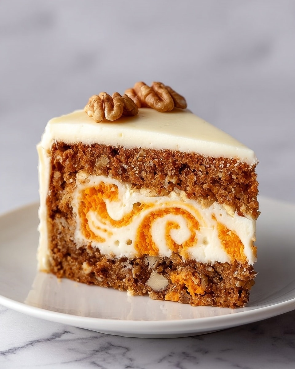 A single slice of cake is shown on a white plate placed on a white marbled surface. The cake has three main layers: a thick, creamy white frosting layer on top, a middle layer with a mix of orange and white swirled cream inside a dense brown cake layer with visible small bits, and a bottom layer of the same dense brown cake. Two whole walnuts sit on top of the frosting, slightly to one side. The texture of the cake looks moist and slightly crumbly, while the frosting is smooth and thick. Photo taken with an iphone --ar 4:5 --v 7