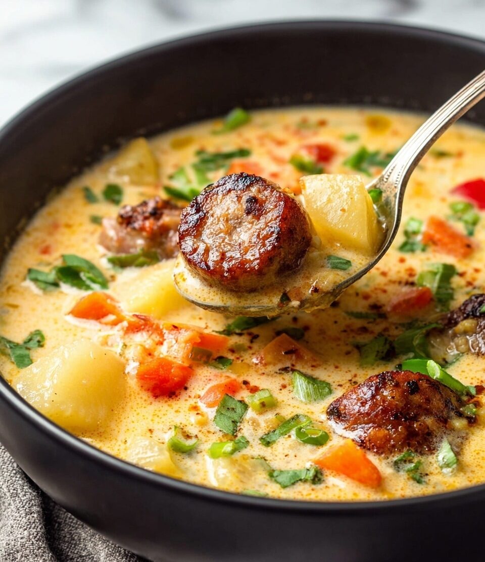 A close-up of a black bowl filled with creamy soup that has a thick yellowish broth. The soup contains round slices of browned sausage with a crispy texture, diced orange carrots, potato chunks, and chopped green onions scattered on top. A silver spoon lifts some soup, showing a large sausage slice with pieces of carrot and potato coated in the soup’s creamy liquid. The background is a white marbled texture. photo taken with an iphone --ar 4:5 --v 7