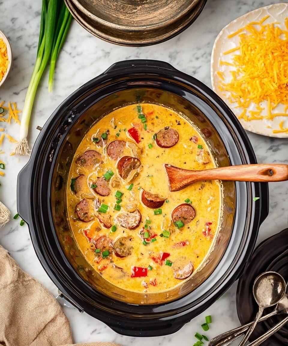 The image shows a black slow cooker filled with a creamy, thick soup. The soup has a yellow-orange base with visible slices of browned sausage and chunks of vegetables like red pepper and potato. Small green onion pieces are sprinkled on top, adding a fresh green color. A wooden spoon with a curved handle is resting inside the soup on the right side. The slow cooker sits on a white marbled surface, with some green onion pieces scattered around. There is a white plate with grated yellow cheese and a grater on the right, and a black plate holding two spoons below it. A beige cloth is draped on the bottom left corner of the image. Photo taken with an iphone --ar 4:5 --v 7
