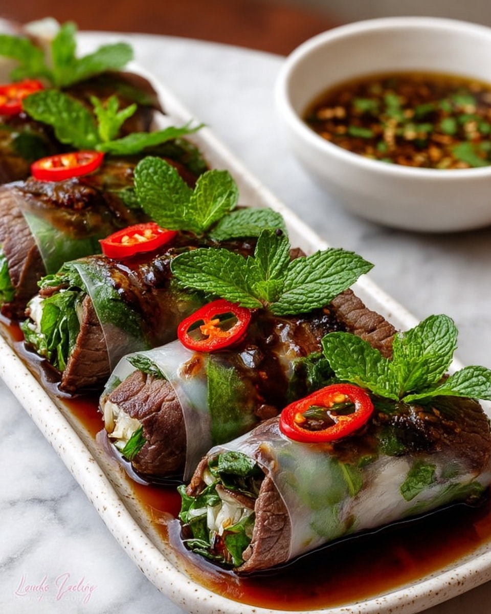 This image shows five fresh spring rolls neatly lined on a long white plate on a white marbled surface. Each roll is wrapped in translucent rice paper, revealing layers of dark brown cooked beef, vibrant green leafy herbs, and a few thin slices of red chili on top. The rolls are covered with a glossy, dark sauce that pools slightly around the base. Bright green mint leaves decorate each roll, giving a fresh look. A small white bowl filled with a brown dipping sauce with visible herbs sits slightly blurred in the background. photo taken with an iphone --ar 4:5 --v 7