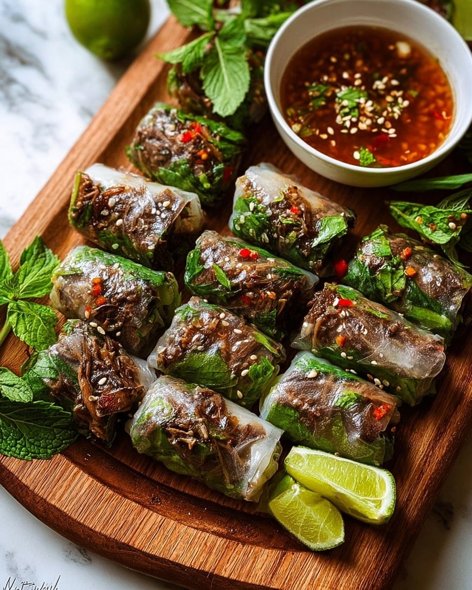 The image shows a wooden serving board filled with neatly cut rolls wrapped in translucent rice paper, revealing layers inside with dark brown cooked meat, bright green leafy herbs, and bits of red chili. The rolls are arranged in three rows, packed closely together, each piece glossy with a light sauce on top. At the top right corner of the board, there is a small white bowl filled with reddish-brown dipping sauce sprinkled with sesame seeds and chopped green onions, and next to it are two wedges of light yellow lime with fresh green herbs around them. The background is a white marbled surface. photo taken with an iphone --ar 4:5 --v 7