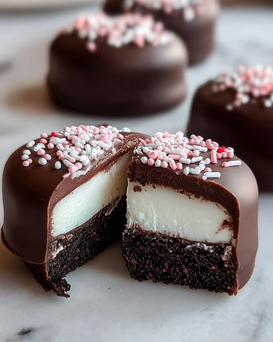 The image shows a close-up of a small round chocolate-covered treat cut in half, revealing three clear layers. The top layer is a smooth, dark chocolate coating sprinkled with white and pink sugar sprinkles. The middle layer is thick, white, and creamy, with a soft texture. The bottom layer is a dark, dense, and slightly crumbly cake or brownie base. In the background, there are three whole treats of the same kind, all placed on a white marbled surface. photo taken with an iphone --ar 4:5 --v 7