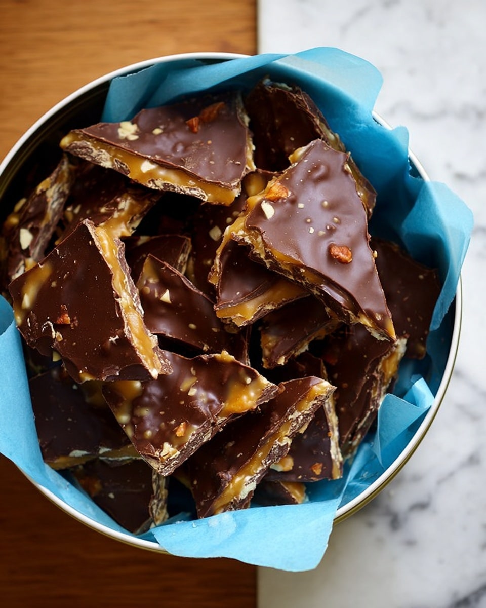 The image shows a round tin filled with pieces of chocolate-covered toffee bark. Each piece has two visible layers: the bottom layer is golden brown toffee with small bits of nuts, and the top layer is dark, glossy chocolate with a slightly rough texture and some cracks. The bark pieces are irregularly shaped and piled on top of light blue translucent paper lining the inside of the white tin. The tin is placed on a white marbled surface. Photo taken with an iphone --ar 4:5 --v 7