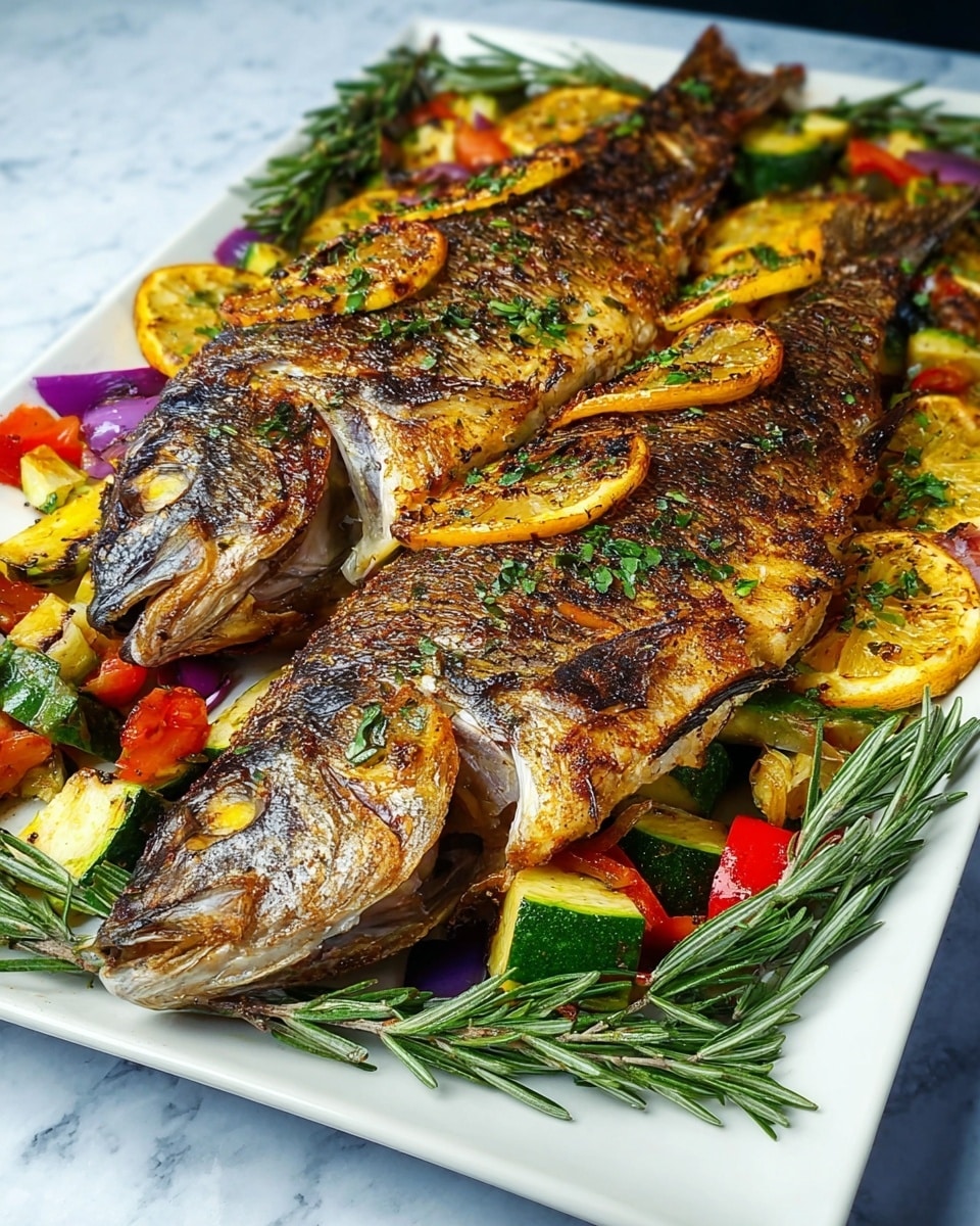 The image shows three whole grilled fish placed side by side on a rectangular white plate, with a layer of grilled lemon slices visible beneath each fish. The fish have a golden-brown crispy skin with some darker char marks and small green herbs sprinkled on top. Around the fish and on the plate's edges, there is a mix of grilled vegetables including chunks of green zucchini, red bell peppers, and purple onions, all having a slightly charred texture. In front of the fish, sprigs of fresh rosemary add a green accent. The plate sits on a white marbled surface. photo taken with an iphone --ar 4:5 --v 7