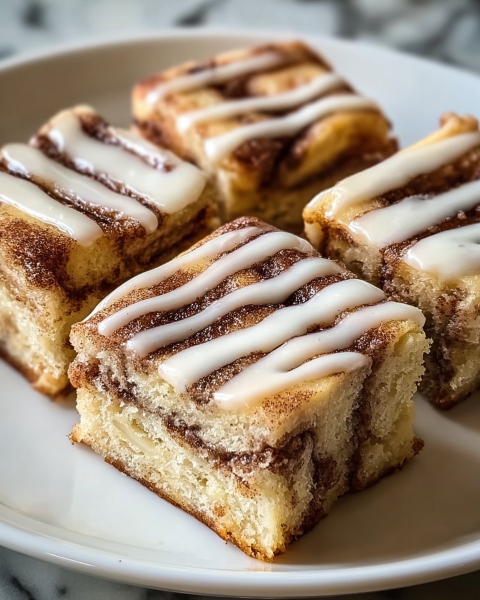 Four square pieces of cinnamon roll cake sit close together on a white plate. Each piece shows clear layers of light beige dough and dark cinnamon filling swirled inside. On top, thick white icing is drizzled in smooth lines, shining slightly and dripping down the sides. The cinnamon powder lightly coats the surface, adding a dusty brown texture. The plate rests on a white marbled texture. photo taken with an iphone --ar 4:5 --v 7