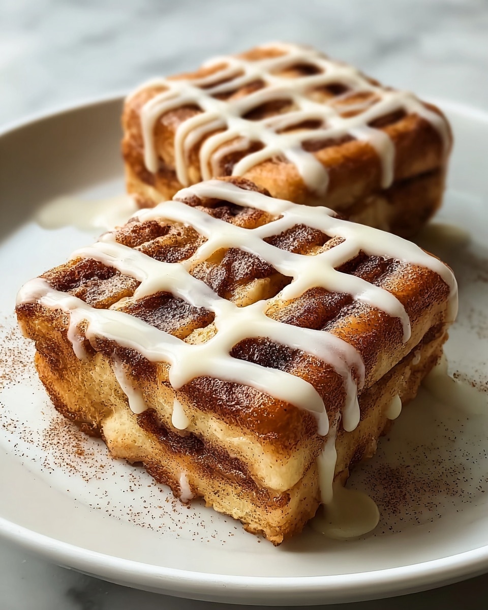 Two square cinnamon rolls sit side by side on a white plate, each with about four thick layers showing a swirl of light brown cinnamon filling between soft, golden-brown dough layers. Both rolls are topped with white icing drizzled in a grid pattern, with extra icing pooling slightly around the base. The rolls have a slightly glossy look and are sprinkled with fine cinnamon powder. The plate rests on a white marbled surface. photo taken with an iphone --ar 4:5 --v 7