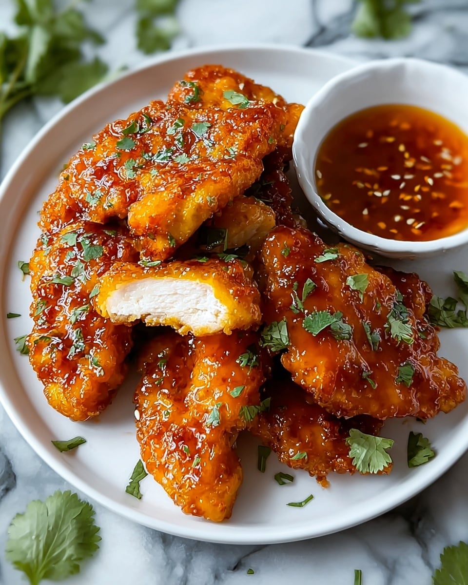 A white plate holds a stack of six crispy fried chicken pieces glazed in a shiny, sticky amber sauce. The chicken is golden brown with a crunchy texture and sprinkled with green cilantro leaves, adding a fresh pop of color. One piece of chicken is cut in half to reveal a tender, juicy white inside. To the right side of the plate is a small white bowl filled with a reddish-brown dipping sauce with a few sesame seeds visible. The whole scene is set on a white marbled surface with some scattered cilantro leaves around the plate. Photo taken with an iphone --ar 4:5 --v 7