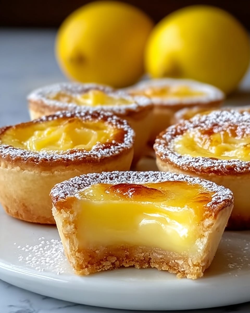 The image shows five small lemon tarts placed on a white plate with a white marbled surface underneath. Each tart has a golden-brown crust and a bright yellow, smooth lemon filling with a glossy texture. The tart in the front is bitten into, revealing three layers: a crispy, light brown crust at the bottom, a thick, creamy yellow lemon filling in the middle, and a shiny, browned top layer that is lightly cracked. The tops of all tarts are dusted with a white powdered sugar, giving a soft textured look. In the background, two whole yellow lemons are blurred out. photo taken with an iphone --ar 4:5 --v 7