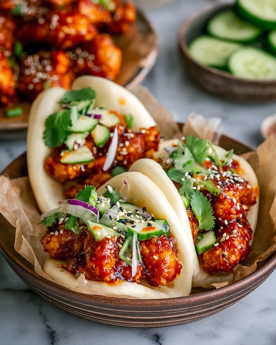 A close-up of three soft, white steamed buns shaped like small open pockets, each filled with a spicy, glossy deep orange fried chicken piece that is coated in a sticky sauce. The chicken is topped with small green cucumber strips, thin light purple onion slices, chopped fresh green cilantro, and a sprinkle of white and black sesame seeds. The buns and fillings sit in a brown bowl lined with light brown parchment paper, resting on a white marbled surface, with blurred cucumber slices and more chicken pieces in the background. Photo taken with an iphone --ar 4:5 --v 7
