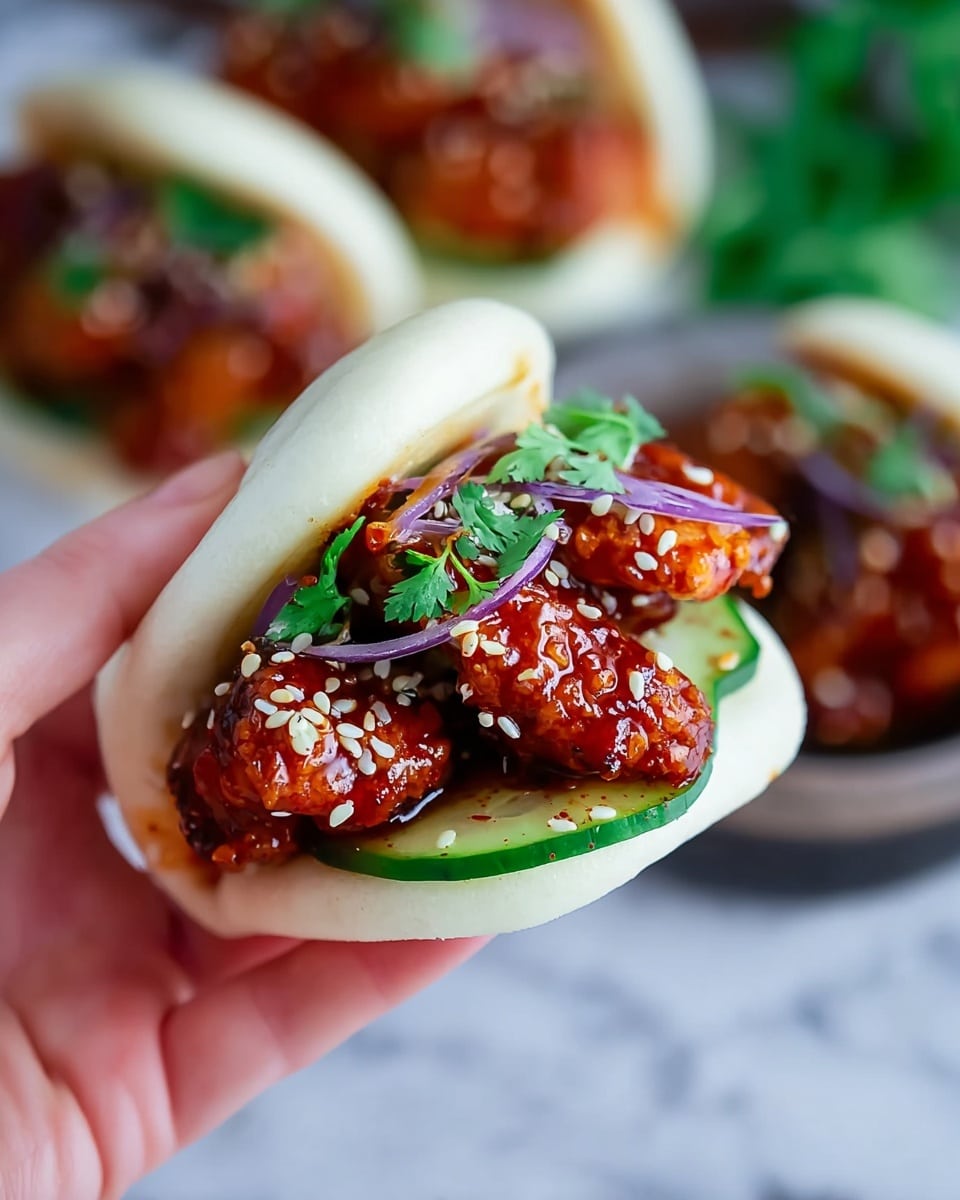 A small white steamed bun is held by a woman's hand, filled with three bright reddish-brown glazed pieces of fried chicken that have a slightly crispy texture and are sprinkled with white sesame seeds. Inside the bun, there are thin slices of fresh green cucumber and thin purple onion layers on top of the chicken, with small green herb pieces scattered over everything. In the background, more of these buns are visible on a white plate resting on a white marbled surface, creating a soft focus that highlights the front bun. photo taken with an iphone --ar 4:5 --v 7