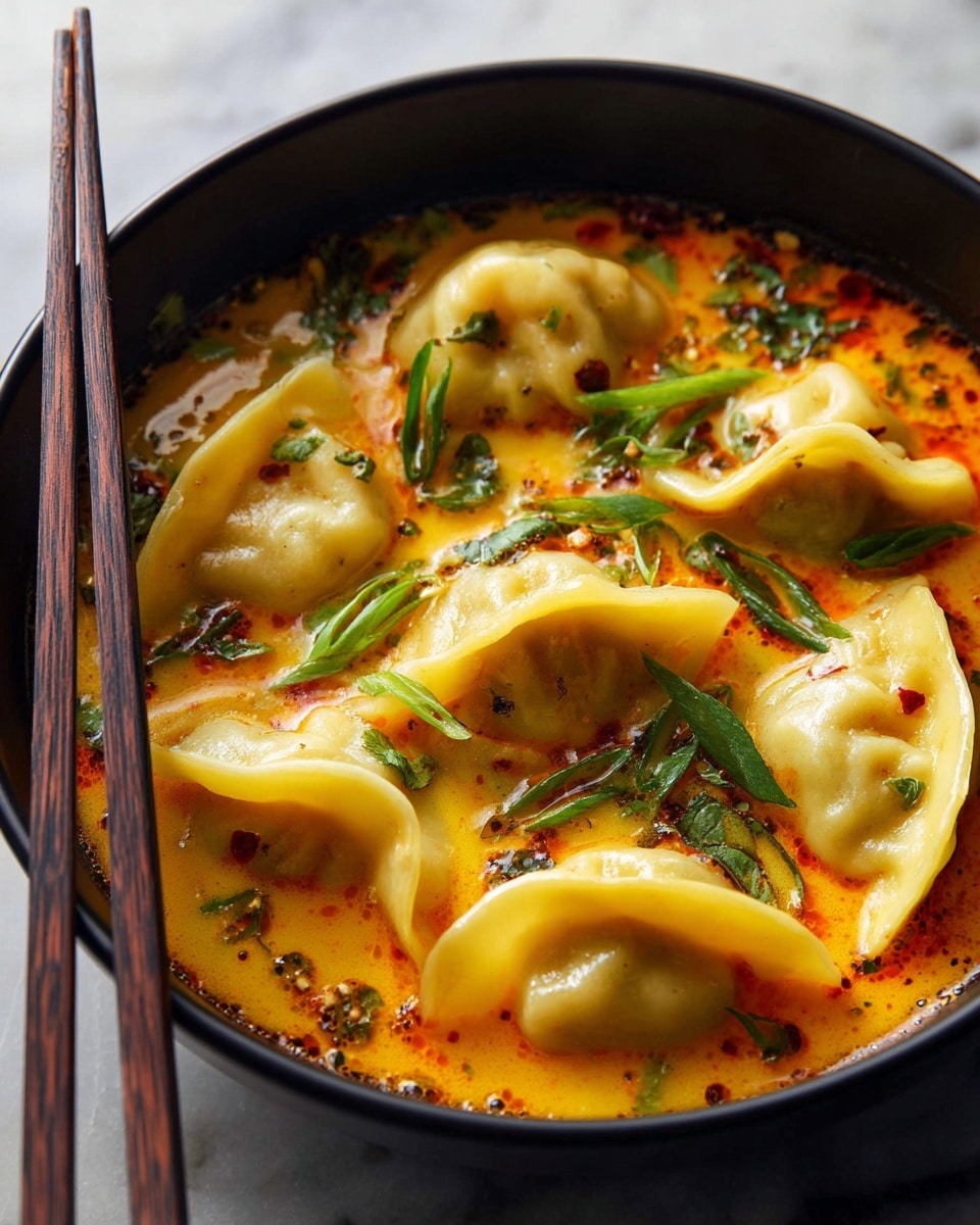 A close-up of a black bowl filled with six plump dumplings floating in a bright orange, oily broth speckled with red chili flakes and small bits of herbs. The dumplings are light yellow with smooth, slightly translucent wrappers folded over the filling. Fresh green scallion slices are scattered on top and in the broth, adding contrast to the warm colors. Dark brown wooden chopsticks rest on the edge of the bowl. The bowl is placed on a white marbled surface. photo taken with an iphone --ar 4:5 --v 7