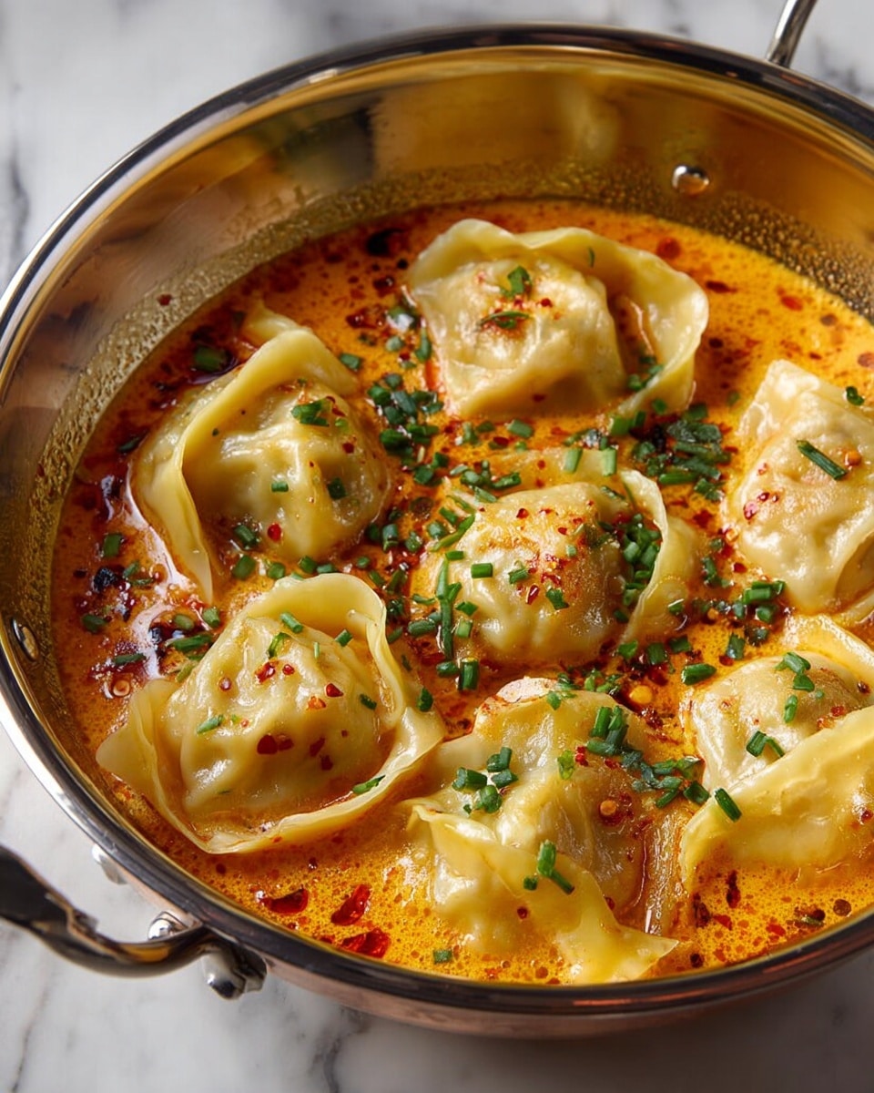 A shiny metal pan holds eight plump dumplings with a light yellow, smooth, slightly translucent dough skin, each showing gentle folds and slight browning on top. The dumplings sit in a rich, creamy orange sauce with visible red chili flakes and oil droplets, creating a glossy, thick texture. Fresh chopped green herbs, likely chives, are sprinkled evenly on top, adding bright green contrast against the warm-colored sauce and dumplings. The pan is placed on a white marbled surface, and the scene is lit softly, highlighting the dumplings’ textures and the sauce’s creamy richness. photo taken with an iphone --ar 4:5 --v 7