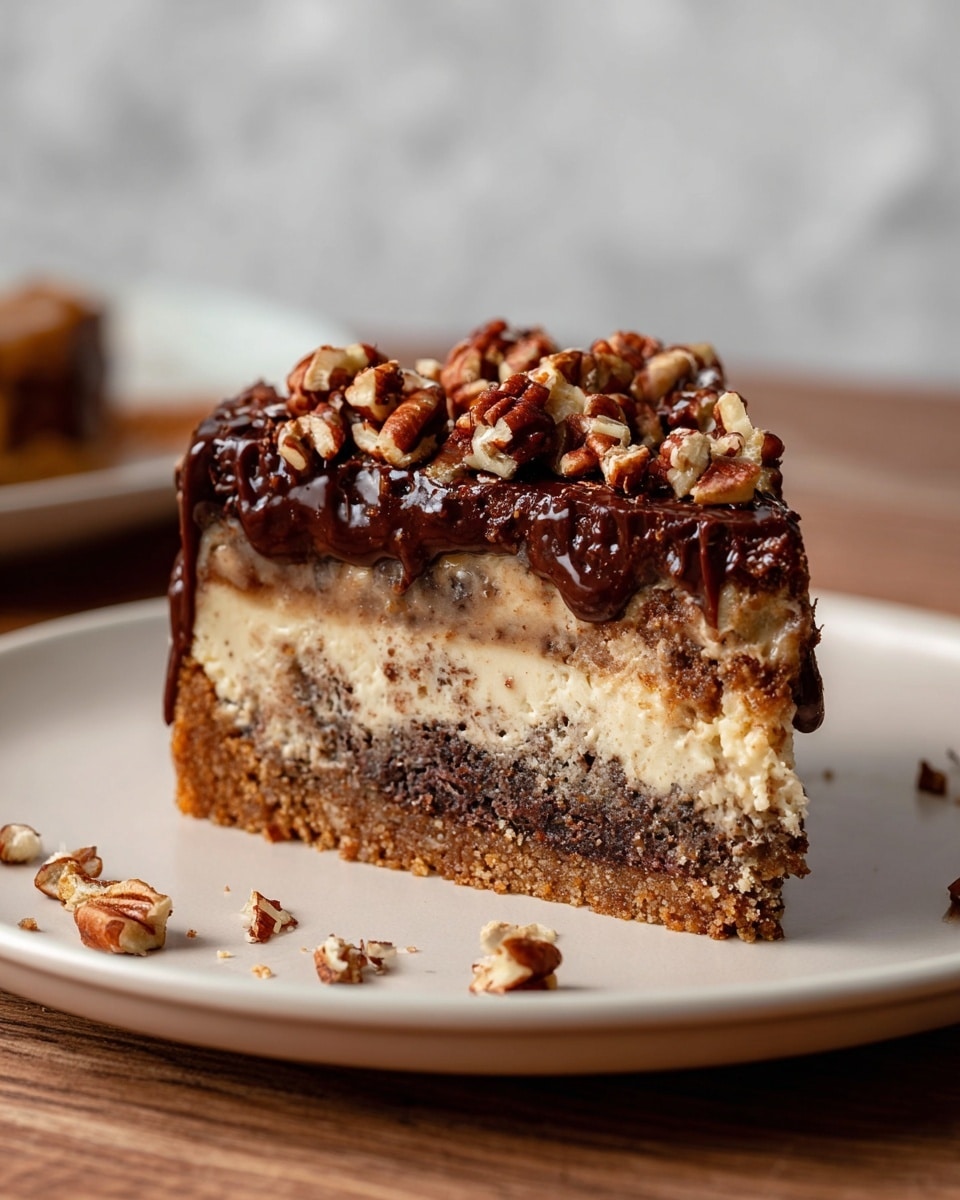 A slice of layered cake on a white plate sits on a wooden table with a white marbled texture background. The bottom layer is a light brown crumbly crust. Above it, there is a dense, dark brown layer with bits of nuts inside. Next is a creamy beige layer with a smooth but slightly textured surface. The top layer is thick, glossy dark chocolate sauce sprinkled with chopped pecans, adding a rough texture. Some crumbs and nut pieces are scattered around the plate. Photo taken with an iphone --ar 4:5 --v 7