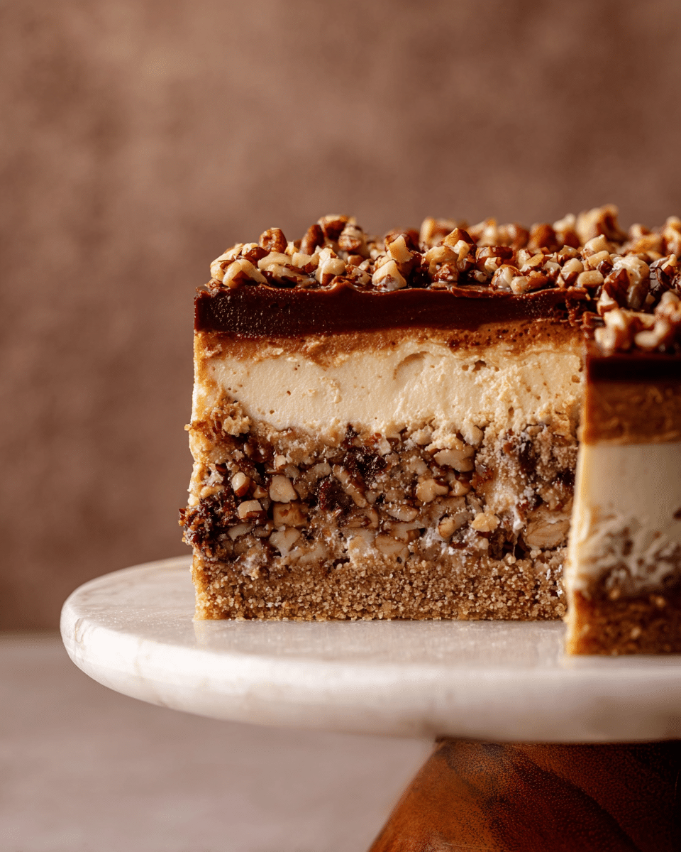 A close-up image of a thick slice of cake showing five layers: the bottom layer is a crumbly light brown crust; above it is a chunky layer with a mix of brown and cream with nut pieces; the middle layer is creamy beige with smooth texture; topped with a glossy dark brown chocolate layer covered with a generous amount of chopped nuts. The cake is on a white marble cake stand with a wooden base, set against a soft brown background. Photo taken with an iphone --ar 4:5 --v 7