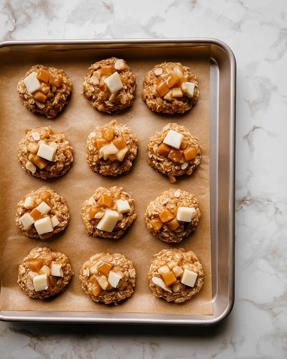 A baking tray lined with parchment paper holds 12 unbaked cookies arranged in three rows. Each cookie is a rough circle made of oatmeal dough, light brown in color with a sticky texture. On top of each cookie, there are small, chunky pieces of caramel in a warm orange-brown color and cubes of white chocolate that are creamy and smooth. The tray is set on a white marbled surface with grey and light brown veins running through it. photo taken with an iphone --ar 4:5 --v 7