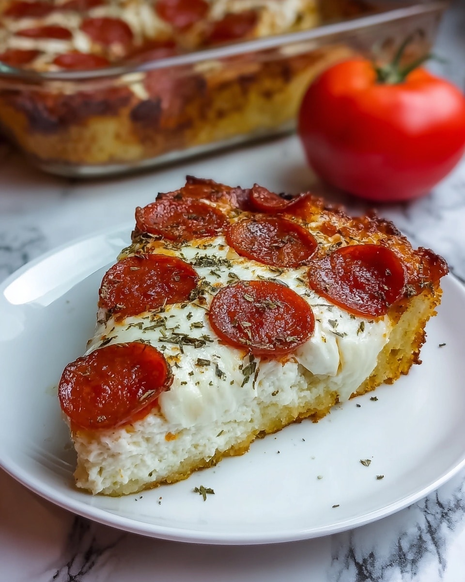 A thick slice of pepperoni pizza with three visible layers sits on a white plate. The bottom layer is a golden brown, textured crust. The middle layer is a thick, creamy white cheese that looks soft and fluffy. The top layer is melted mozzarella cheese with six round, reddish-brown pepperoni slices evenly placed on it, sprinkled with green dried herbs. The crust edges are slightly crispy and browned. In the background, there is a glass baking dish with more pizza and a red tomato on a white marbled surface. photo taken with an iphone --ar 4:5 --v 7