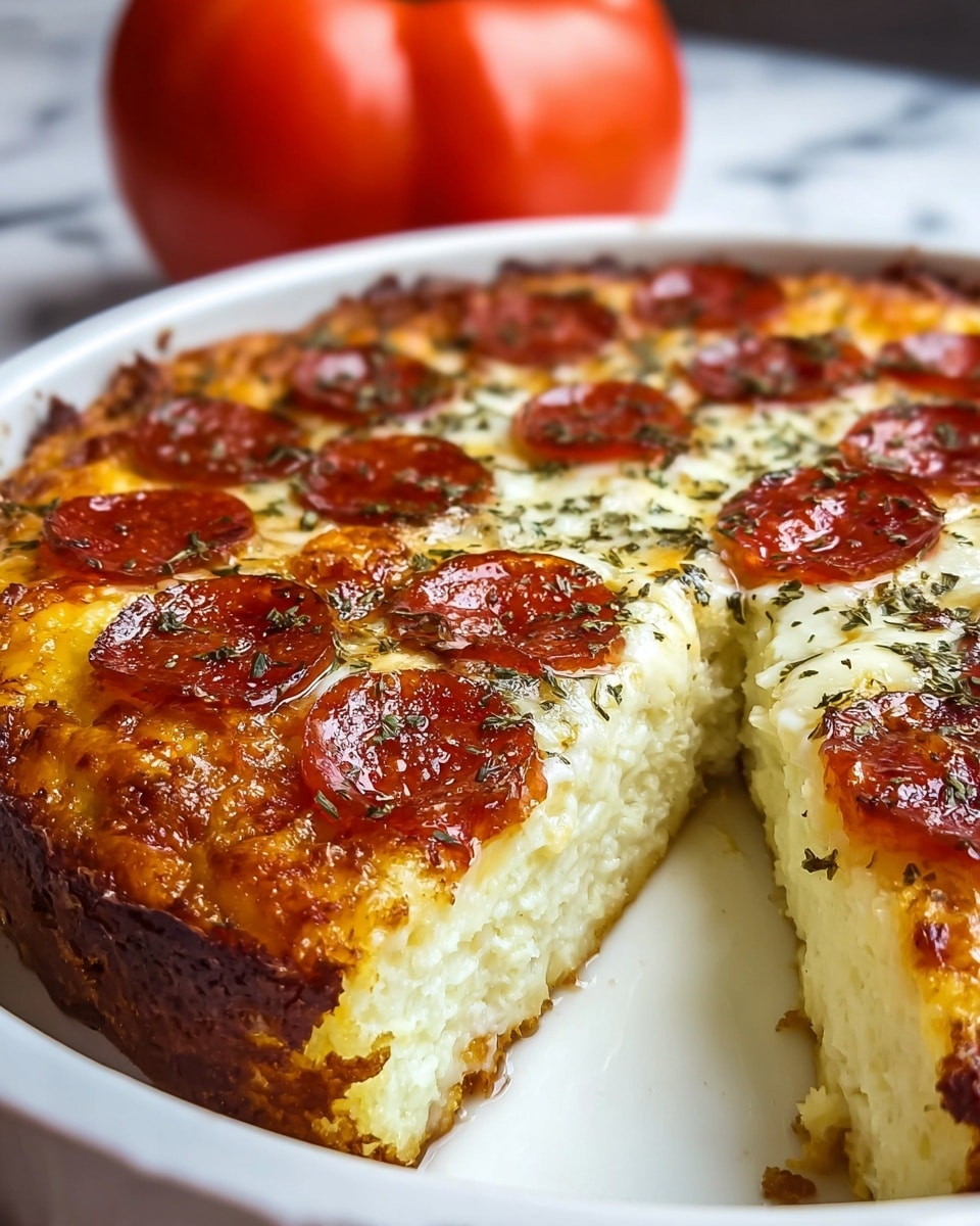 A deep, round white dish holds a thick, golden-brown baked casserole with a crispy edge. The top layer is covered with melted, slightly browned cheese that is creamy white and golden, speckled with bright red pepperoni slices scattered evenly. The pepperoni has a shiny, slightly greasy texture, and some dried green herbs are sprinkled on top. A slice has been cut out, showing a thick, soft interior that is pale yellow and looks fluffy and moist. In the background, a large red tomato rests on a clean white marbled surface. photo taken with an iphone --ar 4:5 --v 7
