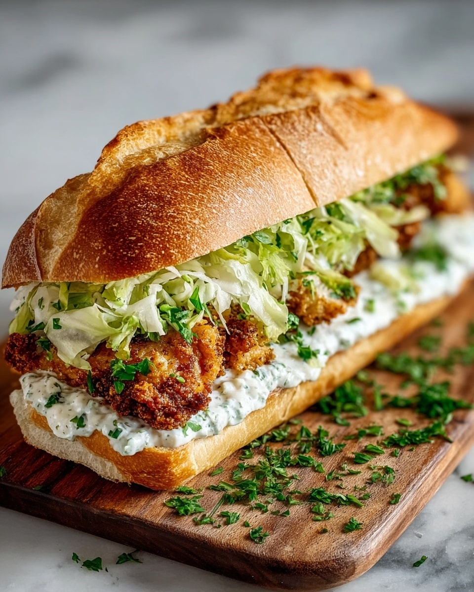 A sandwich with three clear layers inside a toasted golden brown baguette loaf: the bottom layer is a white creamy sauce with green specks, spread thickly on the bread; the middle layer is a crispy fried chicken piece with a rich brown and golden crust; the top layer is finely shredded pale green lettuce mixed with bits of fresh green parsley, giving a fresh texture and color contrast. The sandwich rests on a wooden board sprinkled with chopped parsley, against a white marbled surface background. photo taken with an iphone --ar 4:5 --v 7