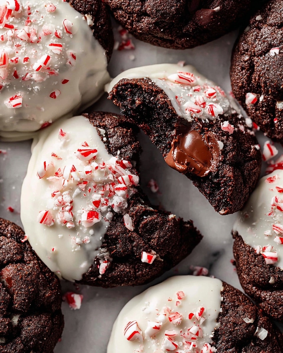 The image shows several dark chocolate cookies with a rough, cracked texture. Each cookie is partially dipped in a smooth white coating on one side, sprinkled with small pieces of red and white crushed peppermint. One cookie is broken in half, revealing a moist, rich dark interior with melted chocolate chunks inside. The cookies are placed closely together on a white marbled surface, highlighting their contrasting textures and colors. Photo taken with an iphone --ar 4:5 --v 7