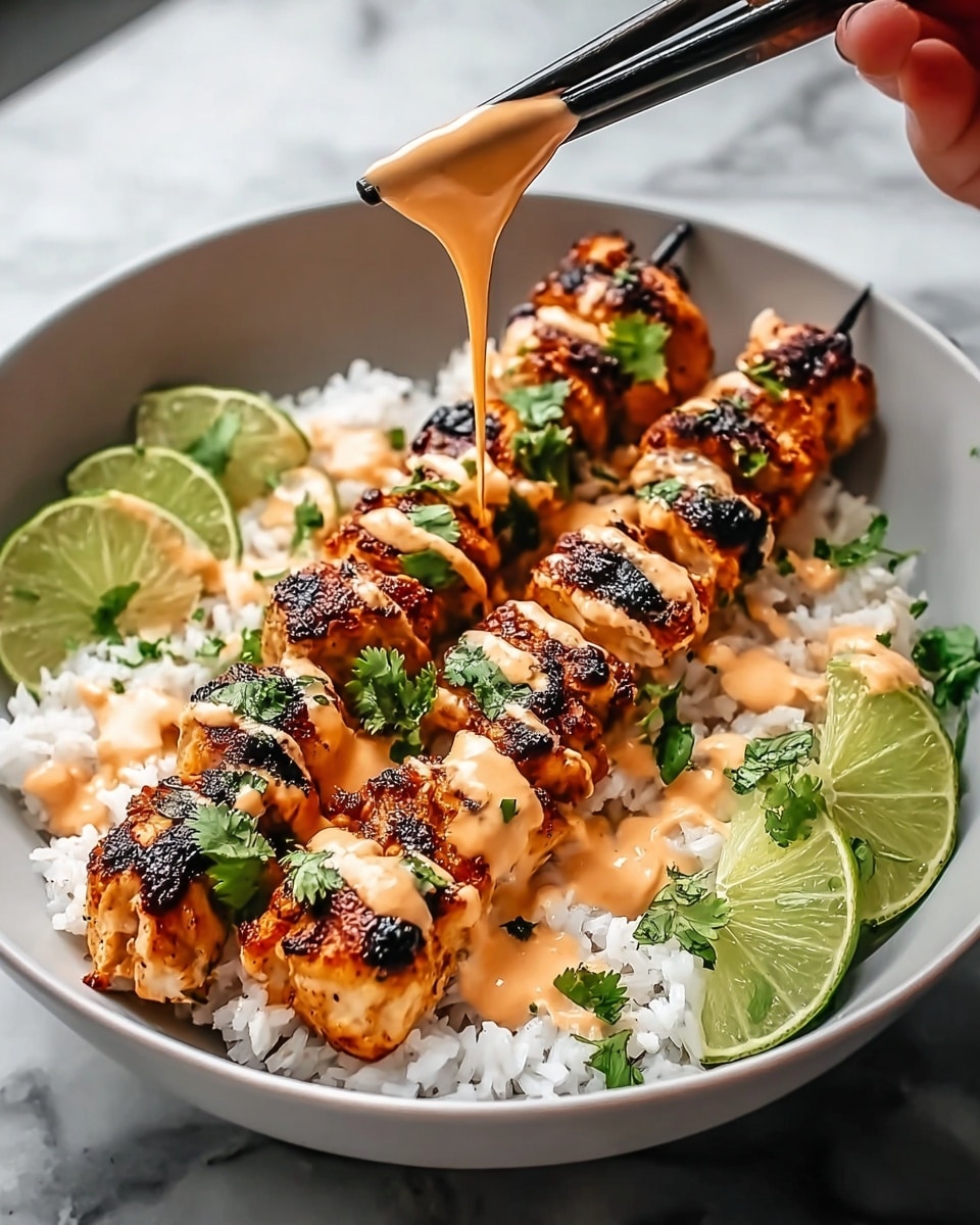 A white bowl holds a bed of fluffy white rice as the base layer. On top are four grilled chicken skewers, each showing golden-brown and slightly charred pieces with a textured surface. Drizzled over the chicken is a creamy, light orange sauce that is being poured from above by a pair of black chopsticks held by a woman's hand. Fresh green cilantro leaves are scattered on the chicken for garnish. On one side of the bowl, there are several lime wedges with bright green skin and juicy interiors. The bowl sits on a white marbled textured surface. photo taken with an iphone --ar 4:5 --v 7