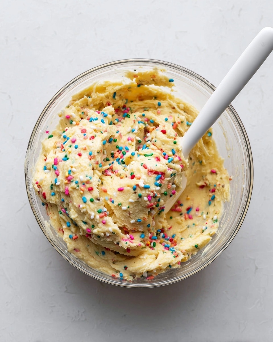 A clear glass bowl filled with creamy, pale yellow cookie dough mixed with many small, colorful sprinkles scattered throughout. A white spatula is placed inside the bowl, lifting some dough showing its soft, smooth texture with bits of sprinkles. The bowl sits on a flat surface with a white marbled texture background. photo taken with an iphone --ar 4:5 --v 7
