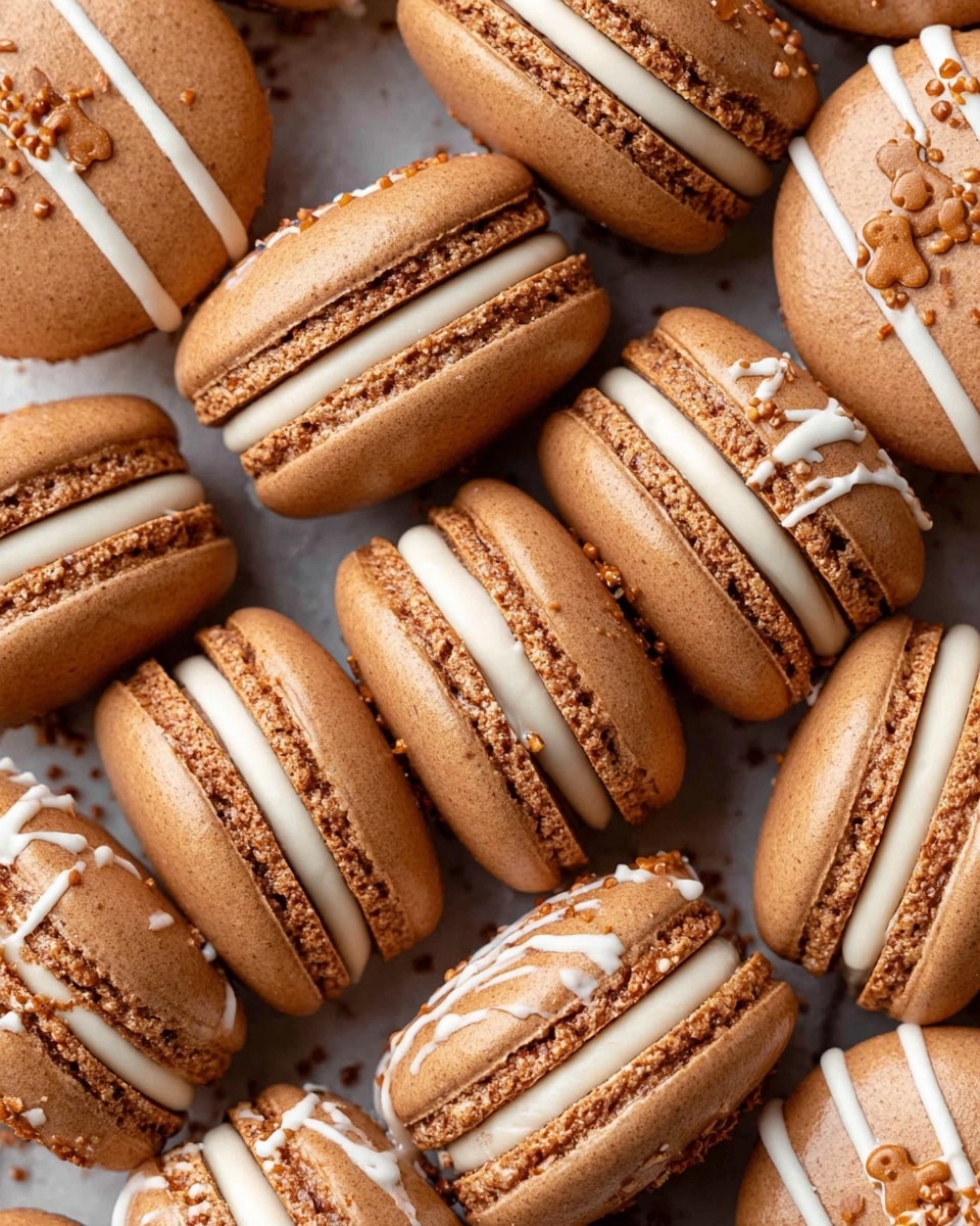 The image shows a close-up of multiple brown macarons arranged closely together on a white marbled surface. Each macaron has two smooth, slightly shiny brown shells with a rough, textured edge and a thick, pale cream filling sandwiched in between. Some macarons have two thin white icing lines drizzled diagonally across the top shell, decorated with small light brown gingerbread man-shaped sprinkles scattered along the icing. The macarons display a soft and delicate texture, with the smooth tops contrasting the creamy filling and crunchy sprinkles. photo taken with an iphone --ar 4:5 --v 7