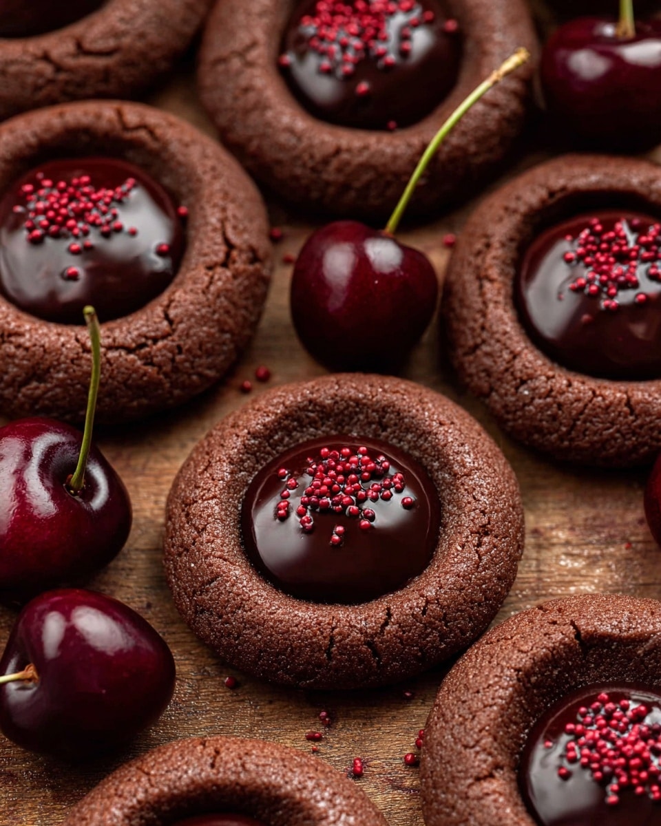The image shows a close-up of soft, round, dark brown chocolate cookies with a glossy, thick chocolate filling in the center, sprinkled with small bits of red crumbs on top. One cookie is stacked on top of two others, with a bite taken out of the top cookie, revealing the gooey chocolate inside. Around the cookies are shiny, deep red cherries with stems, all placed on a white marbled surface. The texture of the cookies looks slightly rough and moist, while the filling is smooth and rich. Photo taken with an iphone --ar 4:5 --v 7