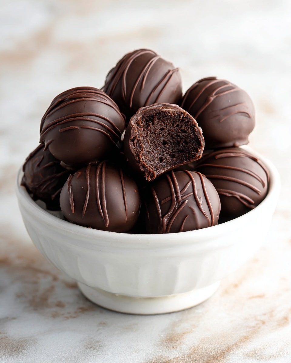 A white bowl filled with about ten round chocolate truffles, each coated smoothly in dark chocolate with thin, wavy drizzles of extra chocolate on top. One truffle at the front is bitten, showing a dark, moist, and dense chocolate cake-like inside under the shiny chocolate shell. The bowl sits on a white marbled surface, and the photo is softly focused on the truffles with a bright, light background. photo taken with an iphone --ar 4:5 --v 7