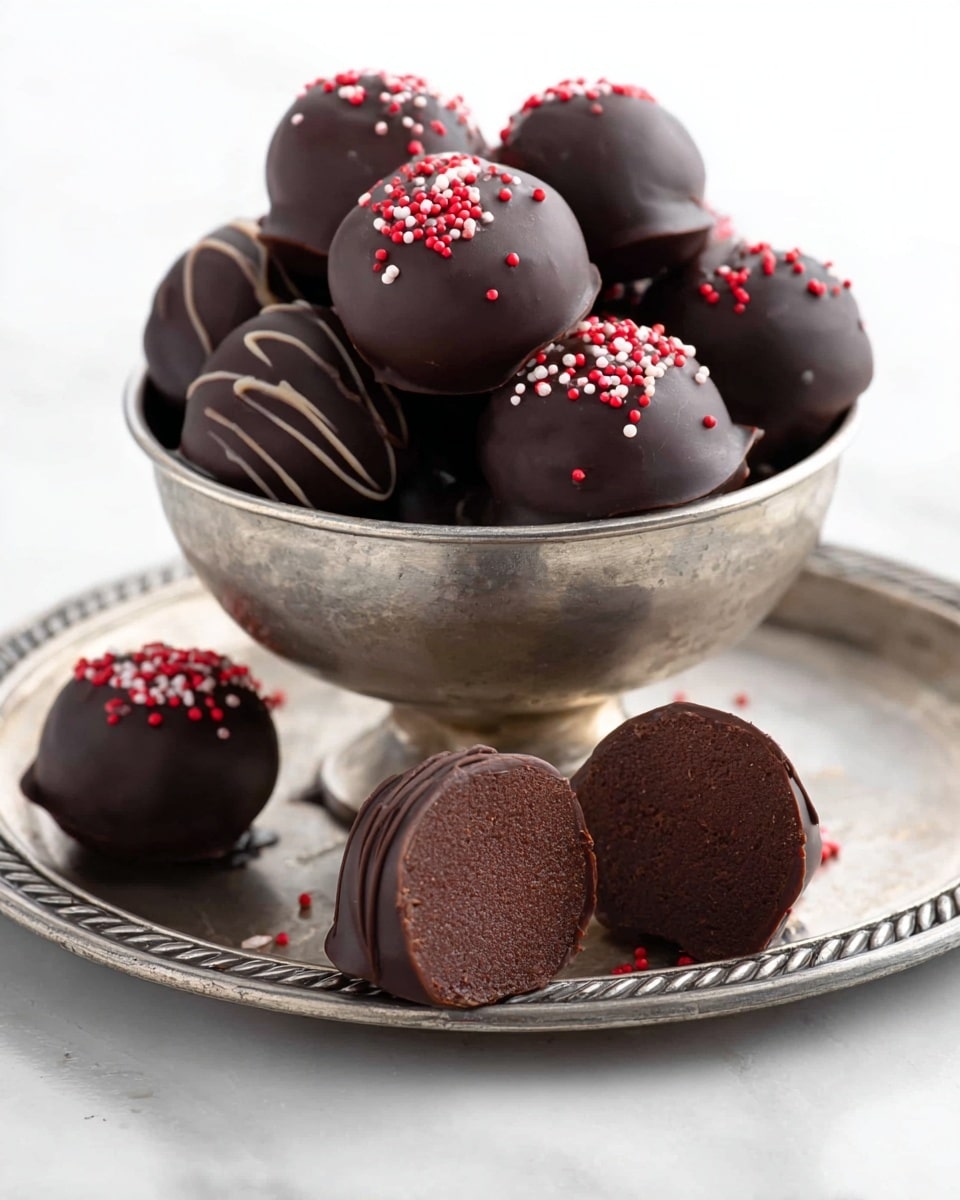 A silver metal bowl filled with round dark chocolate truffles, some topped with small red and white sprinkles. The bowl sits on a silver tray, both placed on a white marbled surface. In front of the bowl, there are three truffles on the surface: one whole with red and white sprinkles, one with smooth dark chocolate coating and thin lines of extra chocolate drizzled on top, and one cut in half showing a dense dark brown inside texture. The lighting is bright, highlighting the shiny texture of the chocolate. photo taken with an iphone --ar 4:5 --v 7
