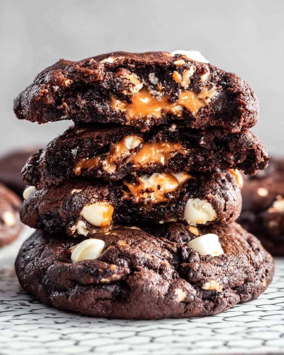 A close-up image shows a stack of three thick chocolate cookies with white chocolate chips. The bottom cookie is whole, dark brown, almost black, with soft cracks and embedded white chips. The middle cookie is broken in half, revealing a gooey melted orange caramel layer mixed with the dark chocolate dough and white chips inside. The top cookie half rests on the middle one, showing a moist, chewy texture with melted caramel and white chips on the surface. The cookies sit on a white marbled surface with a patterned white tray beneath. photo taken with an iphone --ar 4:5 --v 7