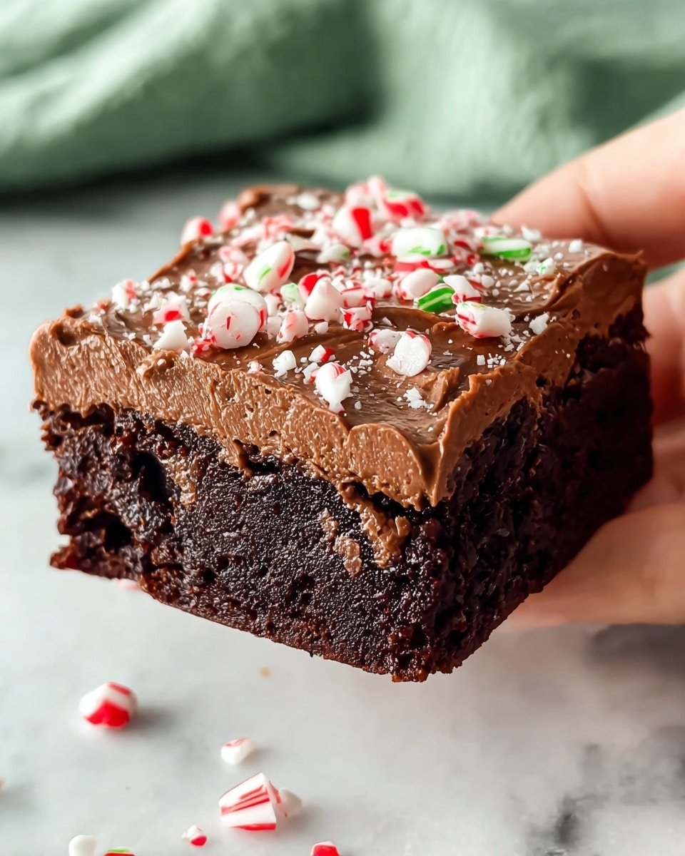 A close-up of a dark chocolate brownie held by a woman's hand, showing a rich, moist brownie layer at the bottom with visible chocolate chunks inside, topped with a thick, creamy layer of smooth chocolate frosting that has soft swirls on the surface. Small, crushed red and white peppermint candy pieces are sprinkled evenly over the frosting, with some candy bits scattered on the white marbled surface below. There is a soft green cloth partially visible in the background. Photo taken with an iphone --ar 4:5 --v 7
